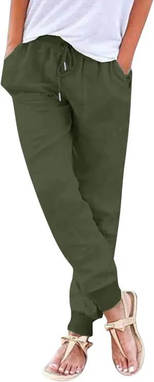 Women Linen Summer Palazzo Pants Flowy Wide Leg Boho Pants Elastic High Waist Work Office Trouser with Pocket