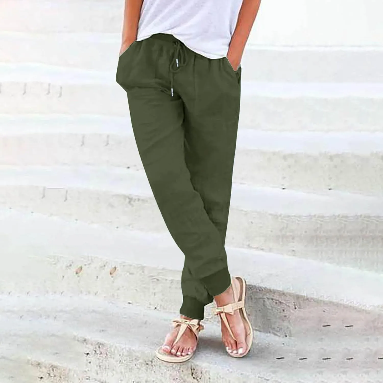 Women Linen Summer Palazzo Pants Flowy Wide Leg Boho Pants Elastic High Waist Work Office Trouser with Pocket