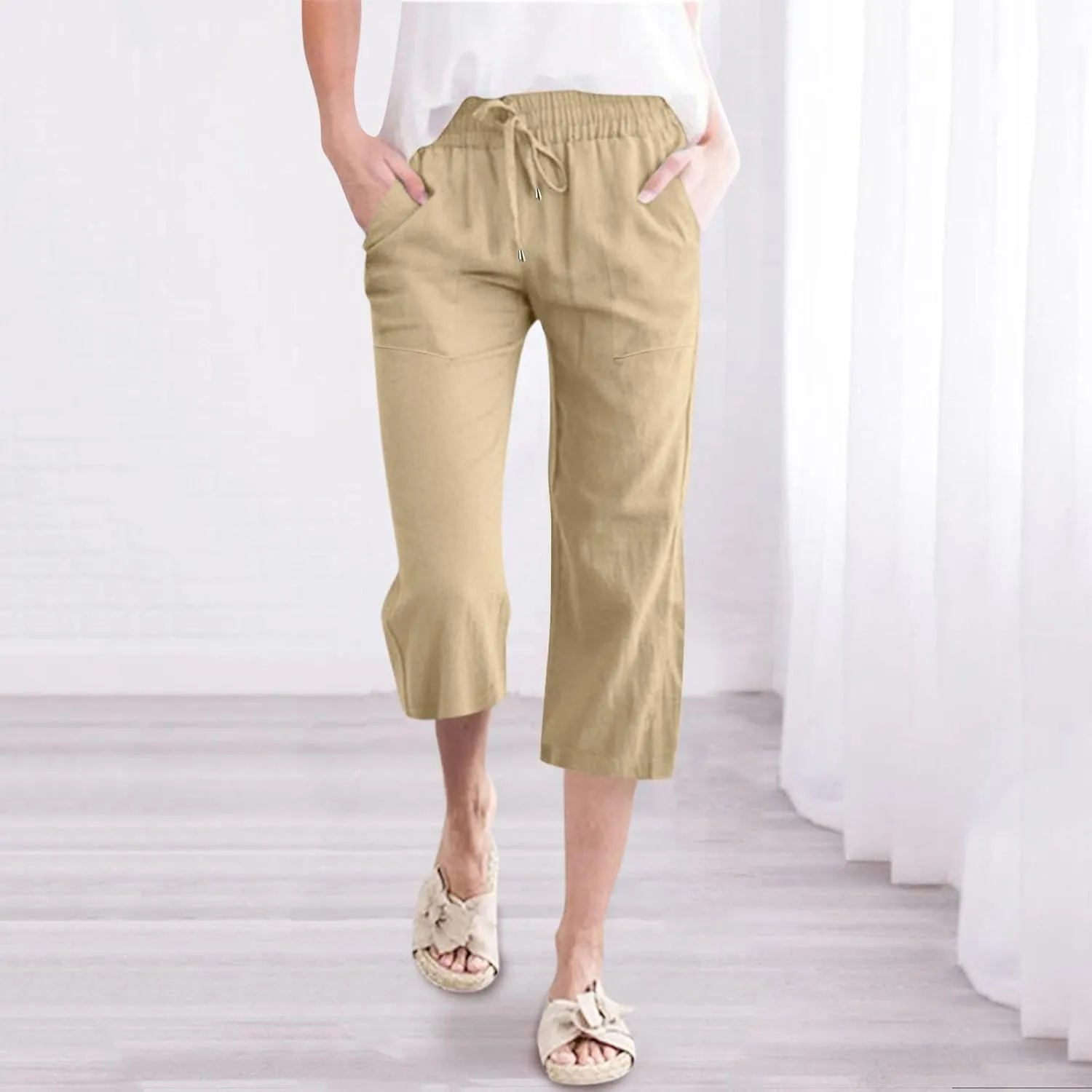 Women Linen Summer Palazzo Pants Flowy Wide Leg Boho Pants Elastic High Waist Work Office Trouser with Pocket