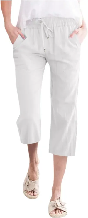 Women Linen Summer Palazzo Pants Flowy Wide Leg Boho Pants Elastic High Waist Work Office Trouser with Pocket