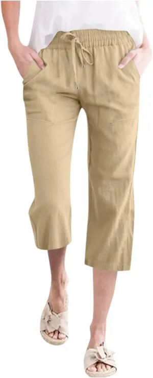 Women Linen Summer Palazzo Pants Flowy Wide Leg Boho Pants Elastic High Waist Work Office Trouser with Pocket