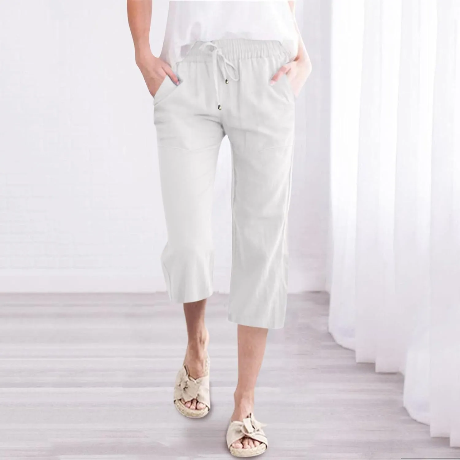 Women Linen Summer Palazzo Pants Flowy Wide Leg Boho Pants Elastic High Waist Work Office Trouser with Pocket
