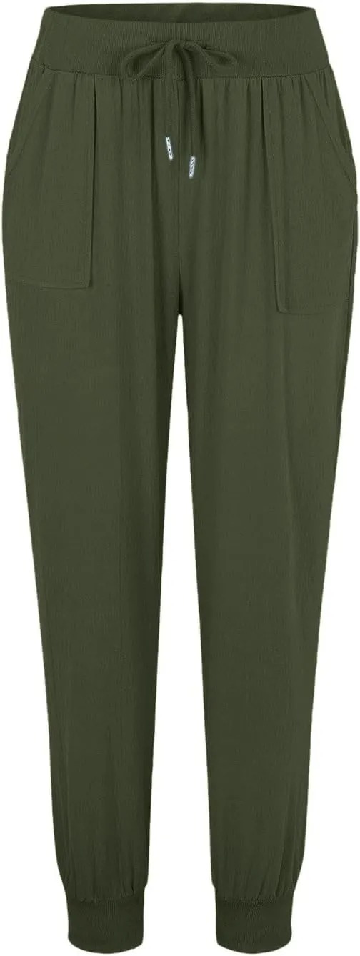 Women Linen Summer Palazzo Pants Flowy Wide Leg Boho Pants Elastic High Waist Work Office Trouser with Pocket