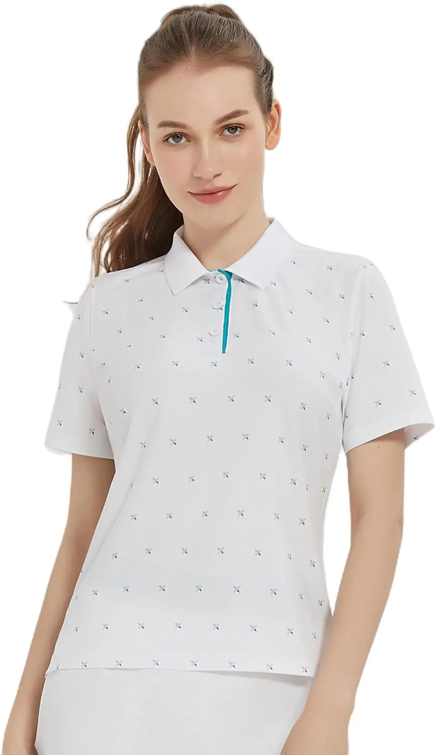 Women Print Golf Sport Polo Shirts Athletic Lightweight Quick Dry Slim Stretchable Tennis Short Sleeve Shirts