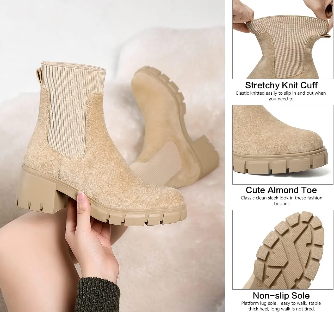 Womens Ankle Boots Lug Sole Comfortable Slip On Chelsea Booties Elastic Gore