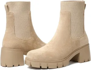 Womens Ankle Boots Lug Sole Comfortable Slip On Chelsea Booties Elastic Gore