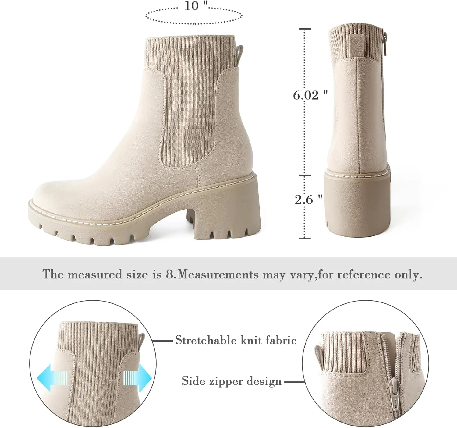 Women's Chelsea Boots Platform Elastic Zippers Chunky Heel Lug Sole Comfortable Slip On Booties for Women