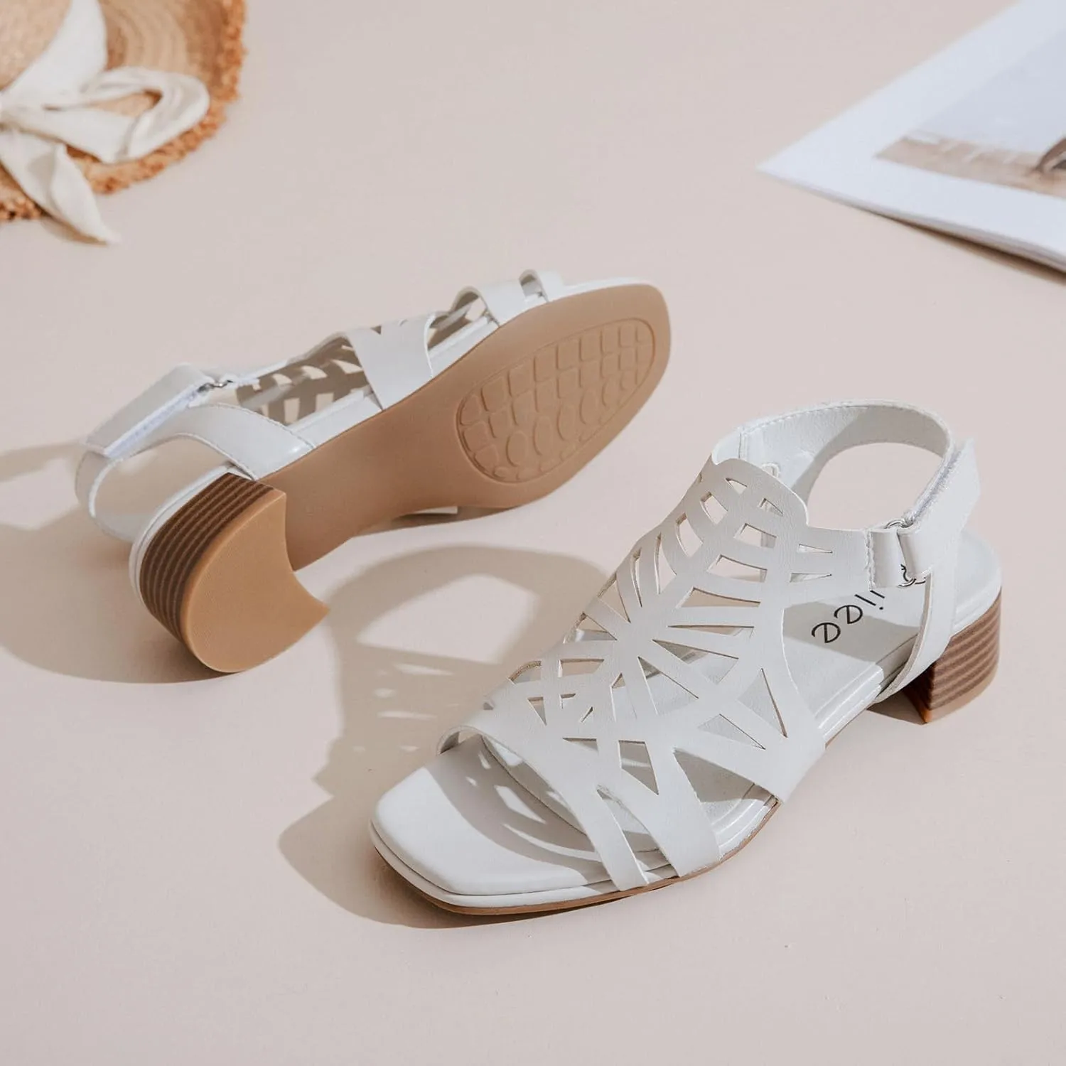 Women's Chunky Heeled Sandals - Block Low Heels Summer Ankle Strappy Square Open Toe Dressy Wedding Sandals for Women.