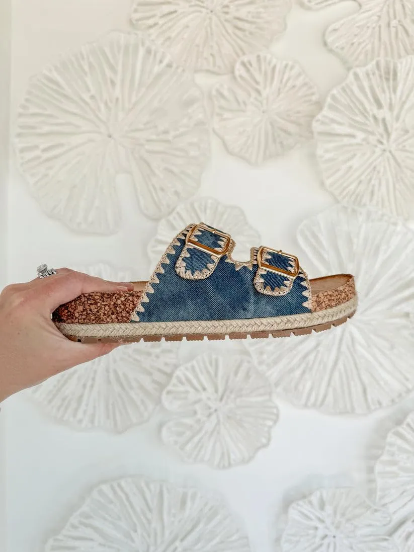 Women's Double Buckle Whip Stich Cork Flat Sandals