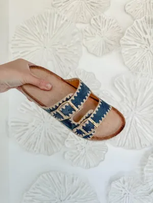 Women's Double Buckle Whip Stich Cork Flat Sandals