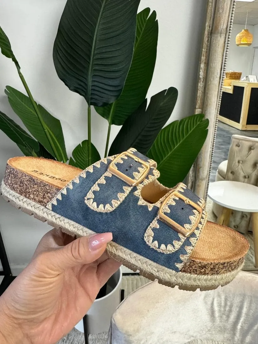 Women's Double Buckle Whip Stich Cork Flat Sandals