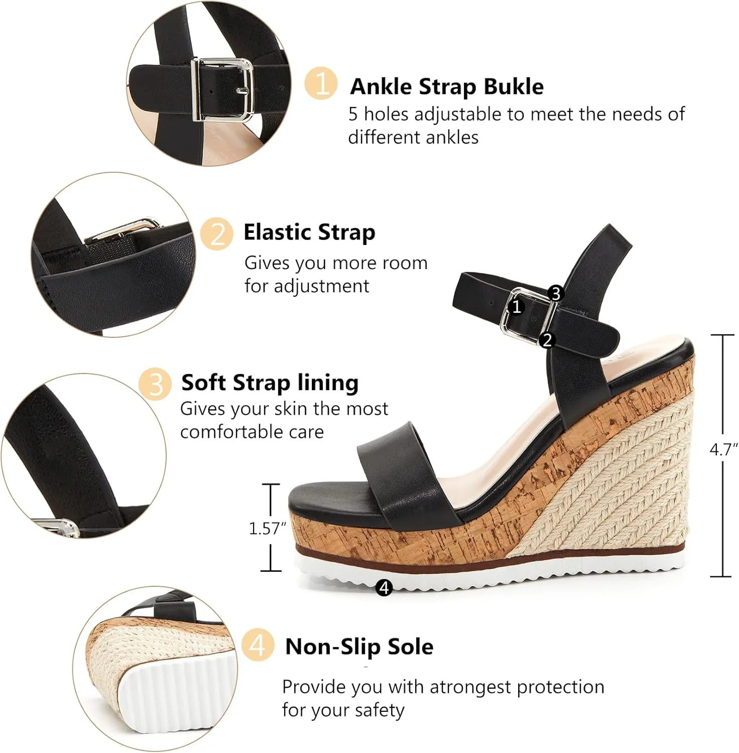 Women's Espadrille Wedge Platform Sandals Open Toe Ankle Buckle Strap Casual Summer Shoes