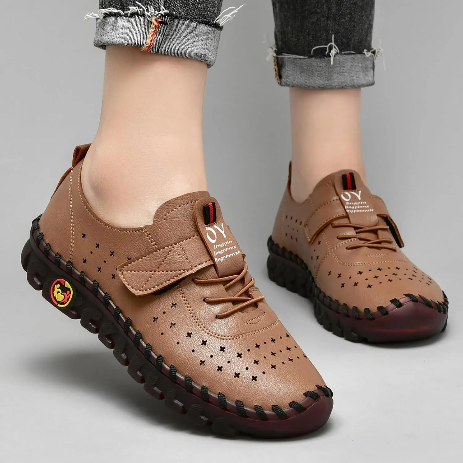 Women's Hollow Beef Tendon Soft Bottom Slip-on Flat Loafers,Fashion Hand Sewing Non-Slip Oxford Breathable Orthotic 4D Pain Relief Comfy Walk Casual Shoes