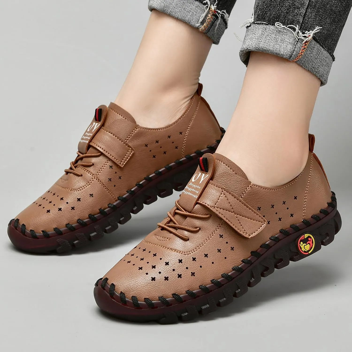 Women's Hollow Beef Tendon Soft Bottom Slip-on Flat Loafers,Fashion Hand Sewing Non-Slip Oxford Breathable Orthotic 4D Pain Relief Comfy Walk Casual Shoes