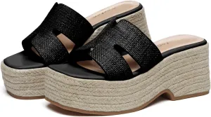 Women's Platform Wedge Sandals Slip-On Espadrille with Open Toe Design for Comfortable Summer Beach and Casual Outdoor, Black Size 6