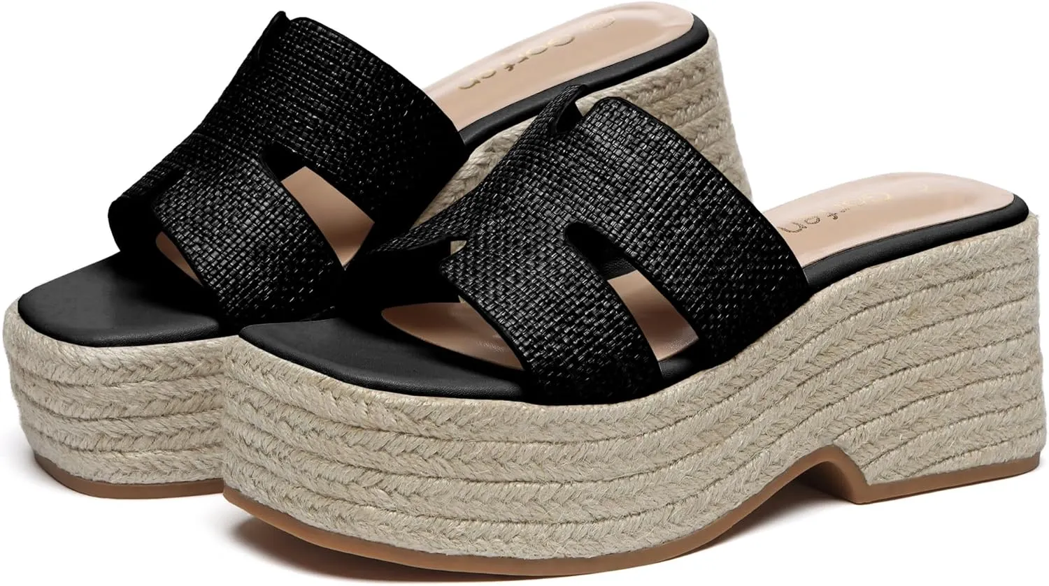 Women's Platform Wedge Sandals Slip-On Espadrille with Open Toe Design for Comfortable Summer Beach and Casual Outdoor, Black Size 6