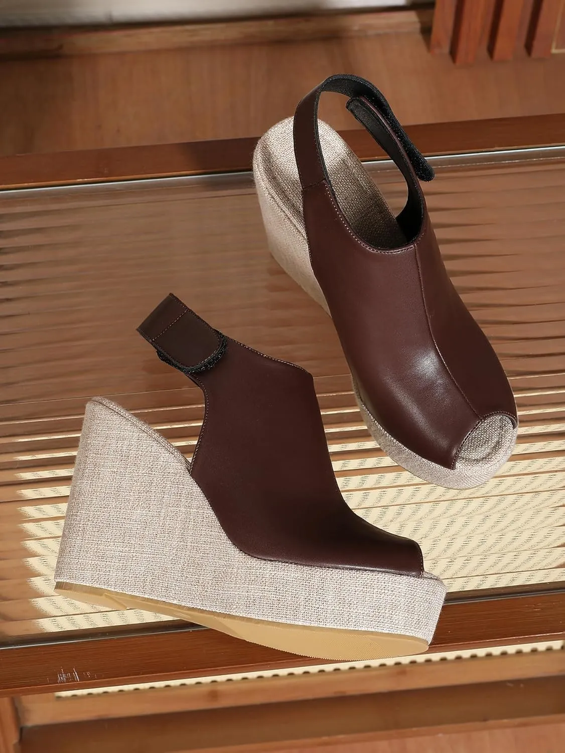 Women's Round Peep Toe Platform Wedge Sandals Espadrille 4.5 Inch High Heel Ankle Strap Slingback Wedges Shoes for Women Comfy Dress Summer Sandals Casual Beach