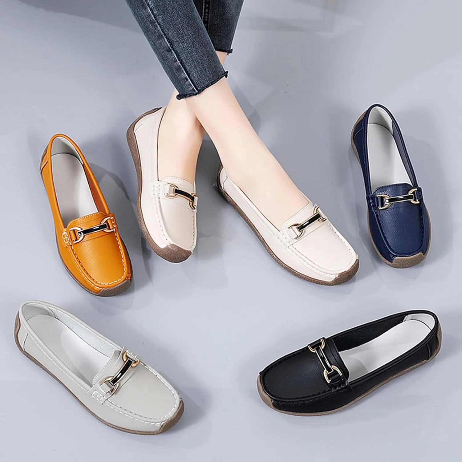 Women's Slip On Flats Loafers Leather Moccasins Walking Shoes Driving Penny Loafer with Anti-Slip Rubber Sole