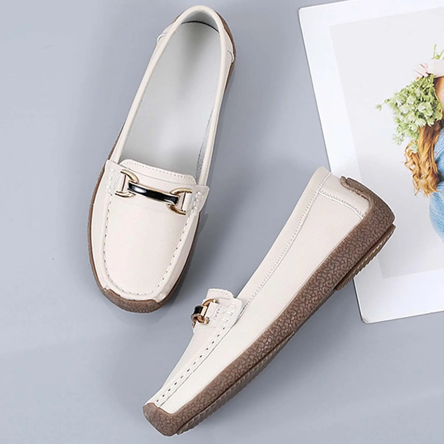 Women's Slip On Flats Loafers Leather Moccasins Walking Shoes Driving Penny Loafer with Anti-Slip Rubber Sole