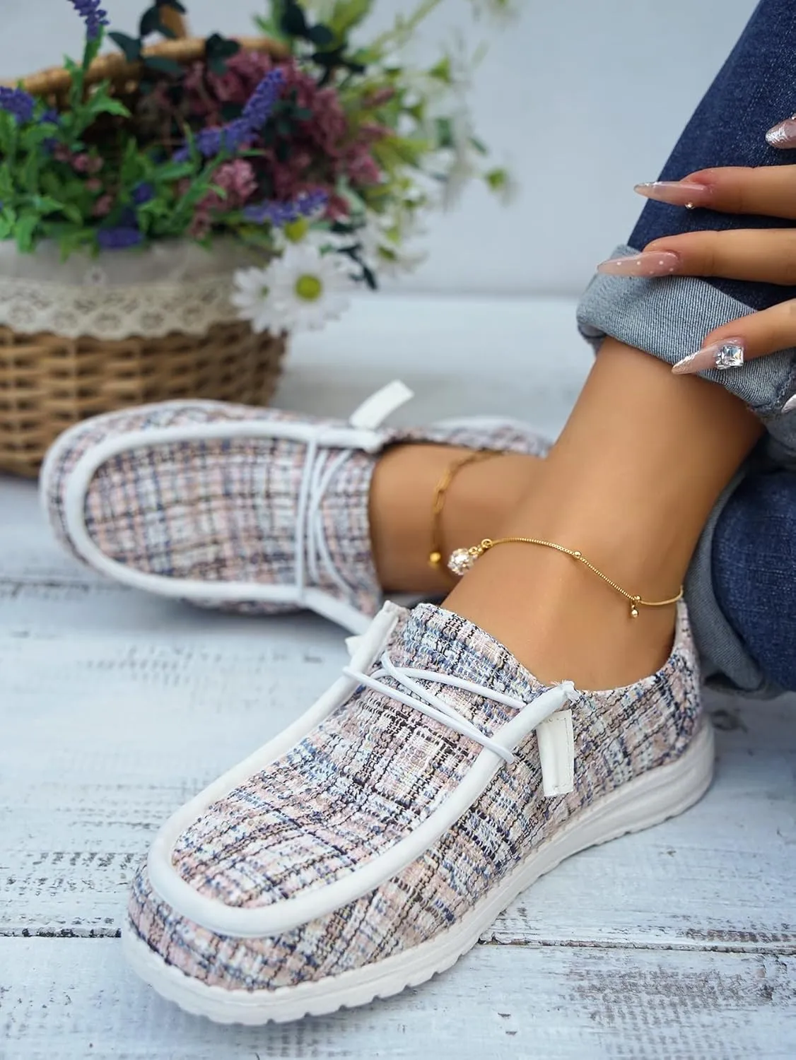 Women's Tweed Casual Slip-on Loafers Canvas Plaid Lightweight Easy Wear Boat Shoes for Outdoor Classic Style Comfortable Trend US 6-10.5