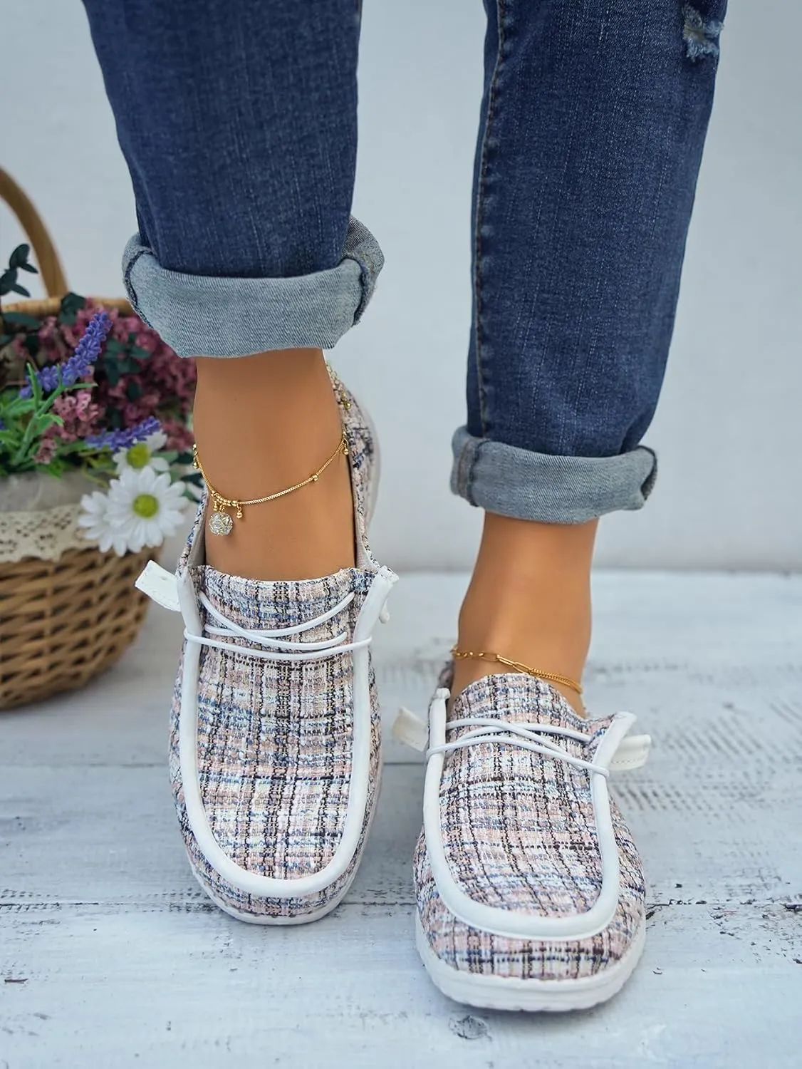 Women's Tweed Casual Slip-on Loafers Canvas Plaid Lightweight Easy Wear Boat Shoes for Outdoor Classic Style Comfortable Trend US 6-10.5