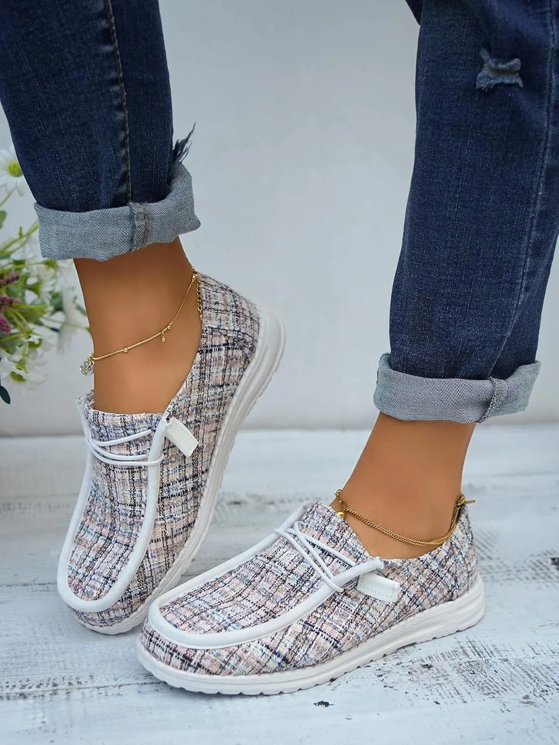 Women's Tweed Casual Slip-on Loafers Canvas Plaid Lightweight Easy Wear Boat Shoes for Outdoor Classic Style Comfortable Trend US 6-10.5