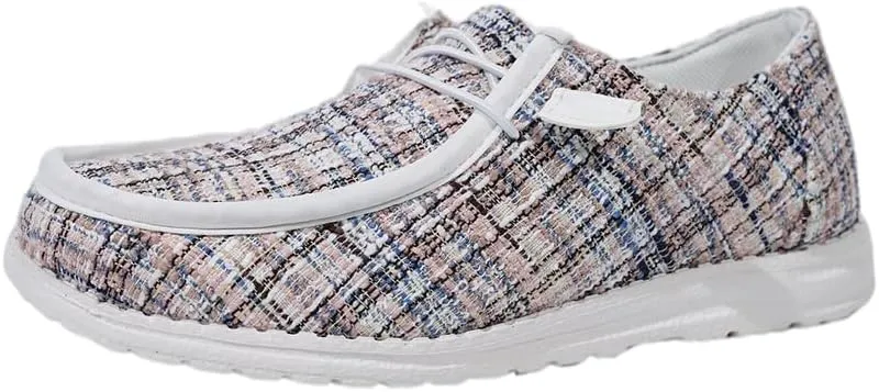 Women's Tweed Casual Slip-on Loafers Canvas Plaid Lightweight Easy Wear Boat Shoes for Outdoor Classic Style Comfortable Trend US 6-10.5