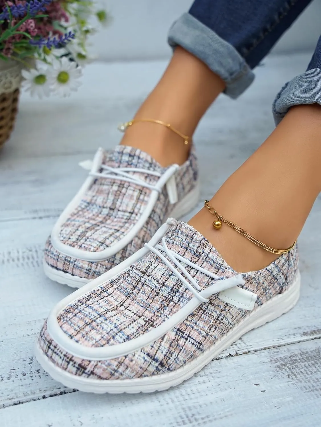 Women's Tweed Casual Slip-on Loafers Canvas Plaid Lightweight Easy Wear Boat Shoes for Outdoor Classic Style Comfortable Trend US 6-10.5