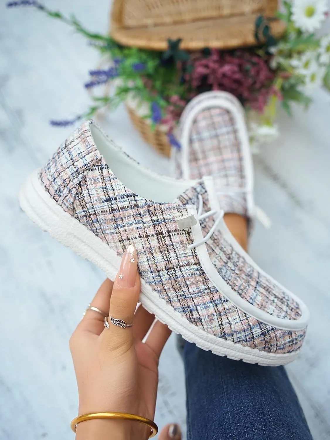Women's Tweed Casual Slip-on Loafers Canvas Plaid Lightweight Easy Wear Boat Shoes for Outdoor Classic Style Comfortable Trend US 6-10.5