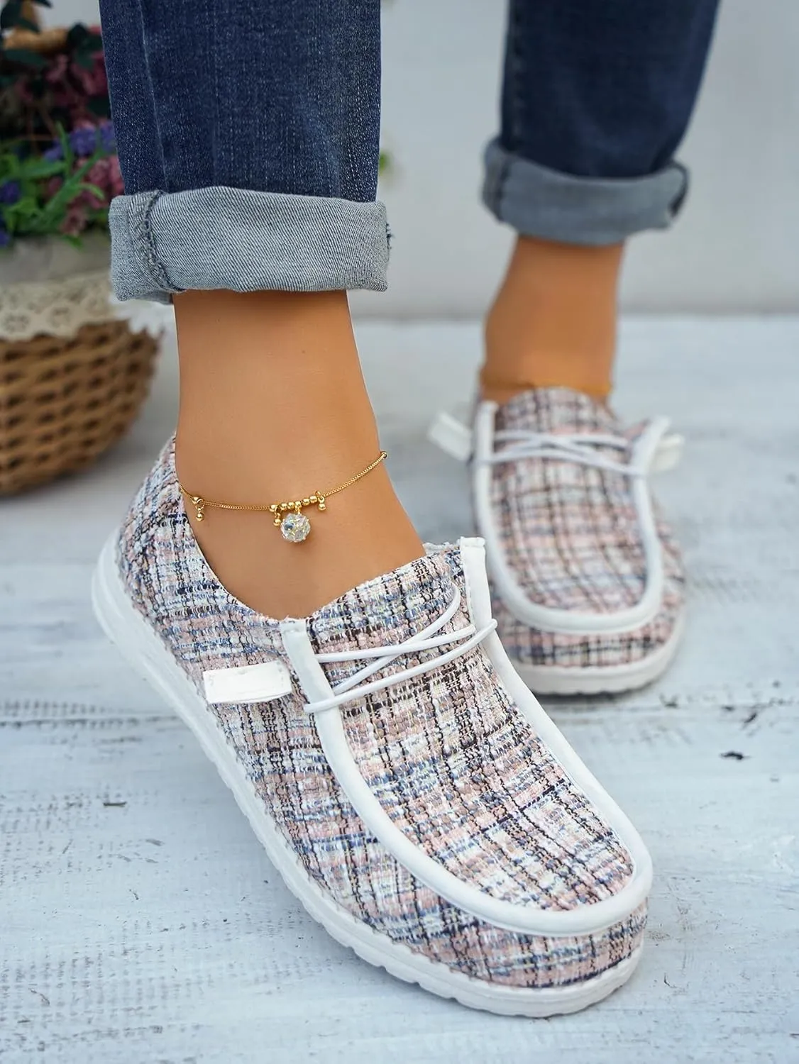 Women's Tweed Casual Slip-on Loafers Canvas Plaid Lightweight Easy Wear Boat Shoes for Outdoor Classic Style Comfortable Trend US 6-10.5