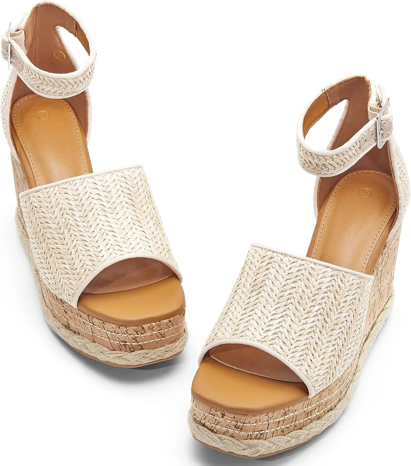Women's Wedge Platform Espadrille Sandals Braided Open Square Toe Ankle Buckle Strappy Cork Sole Summer Shoes
