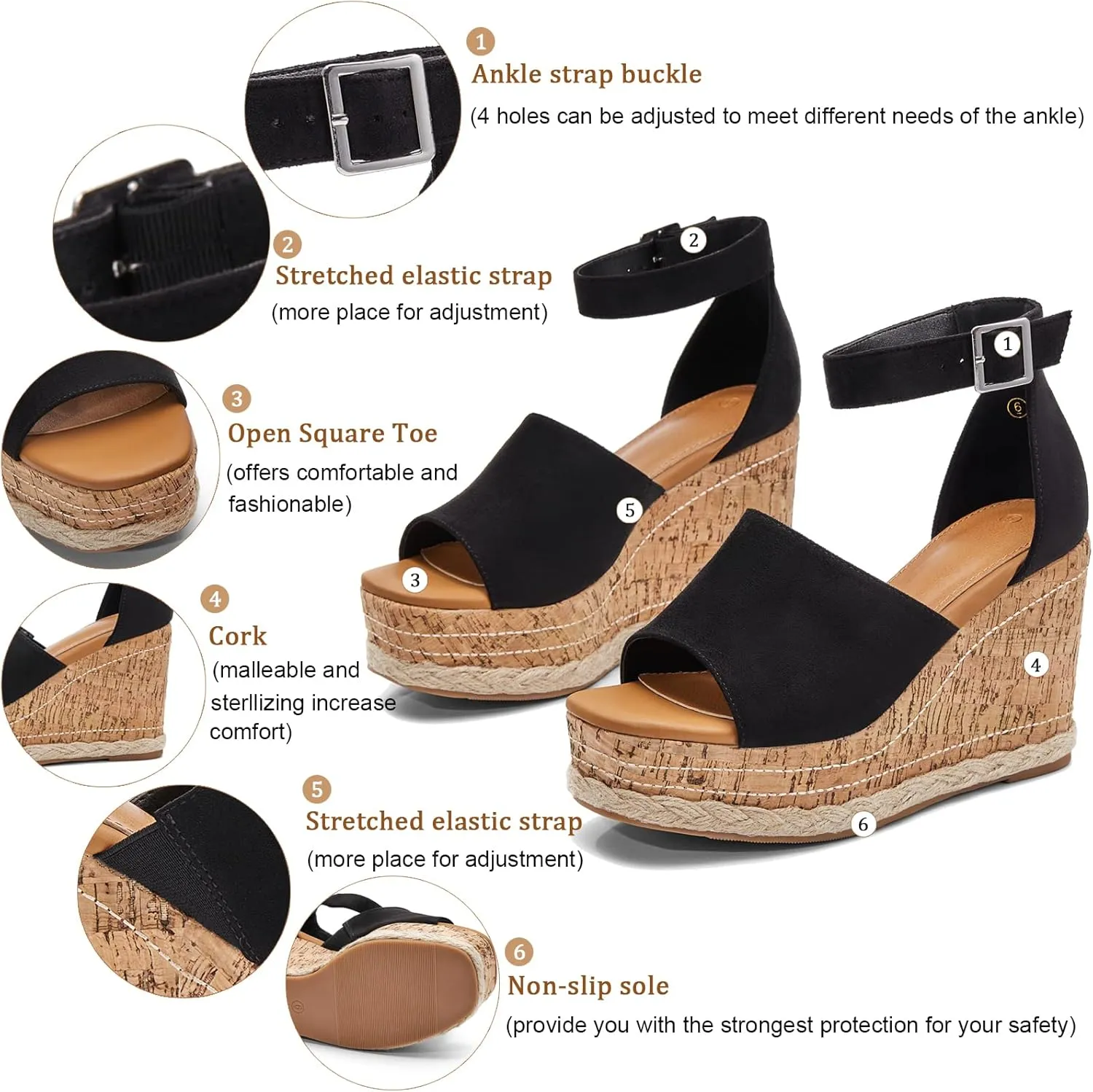 Women's Wedge Platform Espadrille Sandals Braided Open Square Toe Ankle Buckle Strappy Cork Sole Summer Shoes