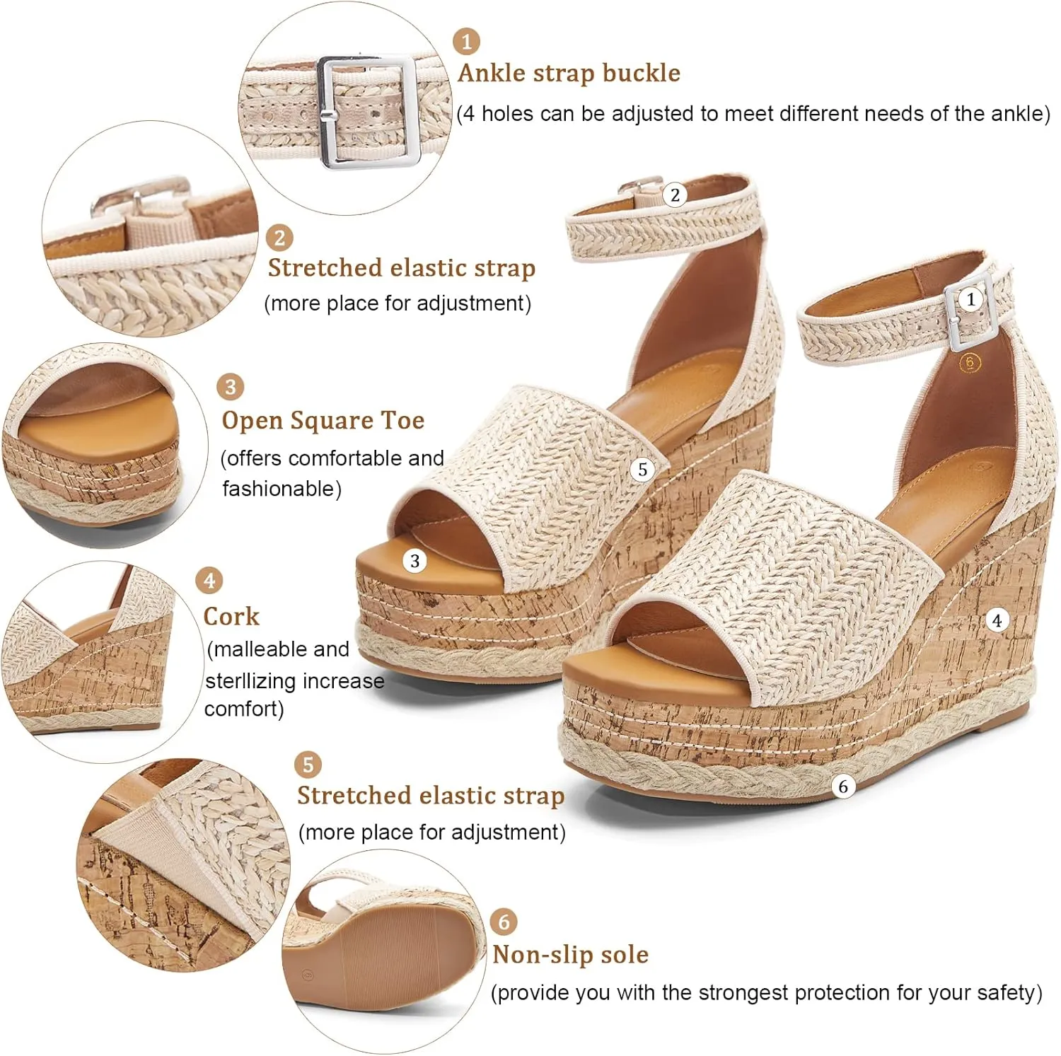 Women's Wedge Platform Espadrille Sandals Braided Open Square Toe Ankle Buckle Strappy Cork Sole Summer Shoes