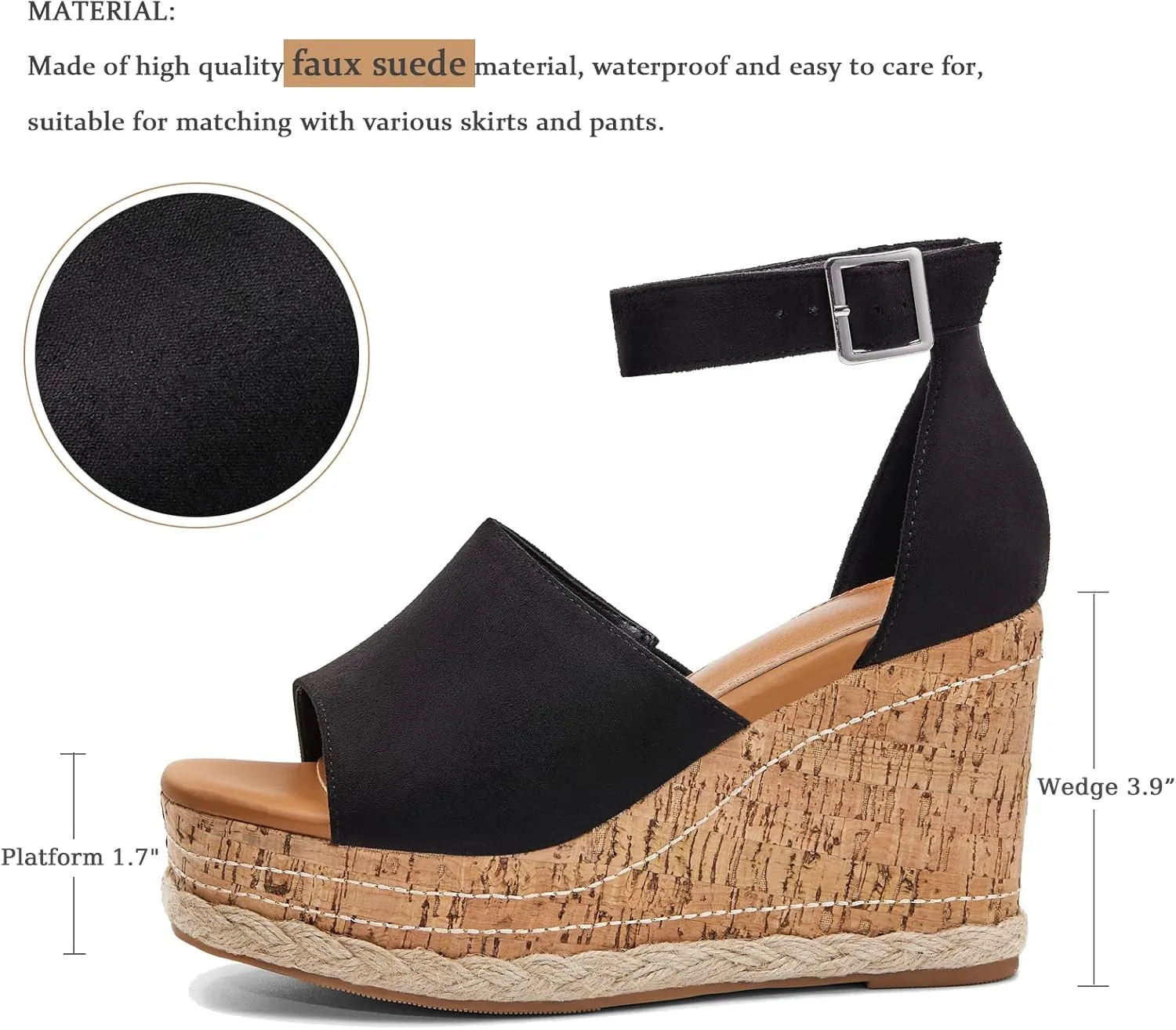 Women's Wedge Platform Espadrille Sandals Braided Open Square Toe Ankle Buckle Strappy Cork Sole Summer Shoes