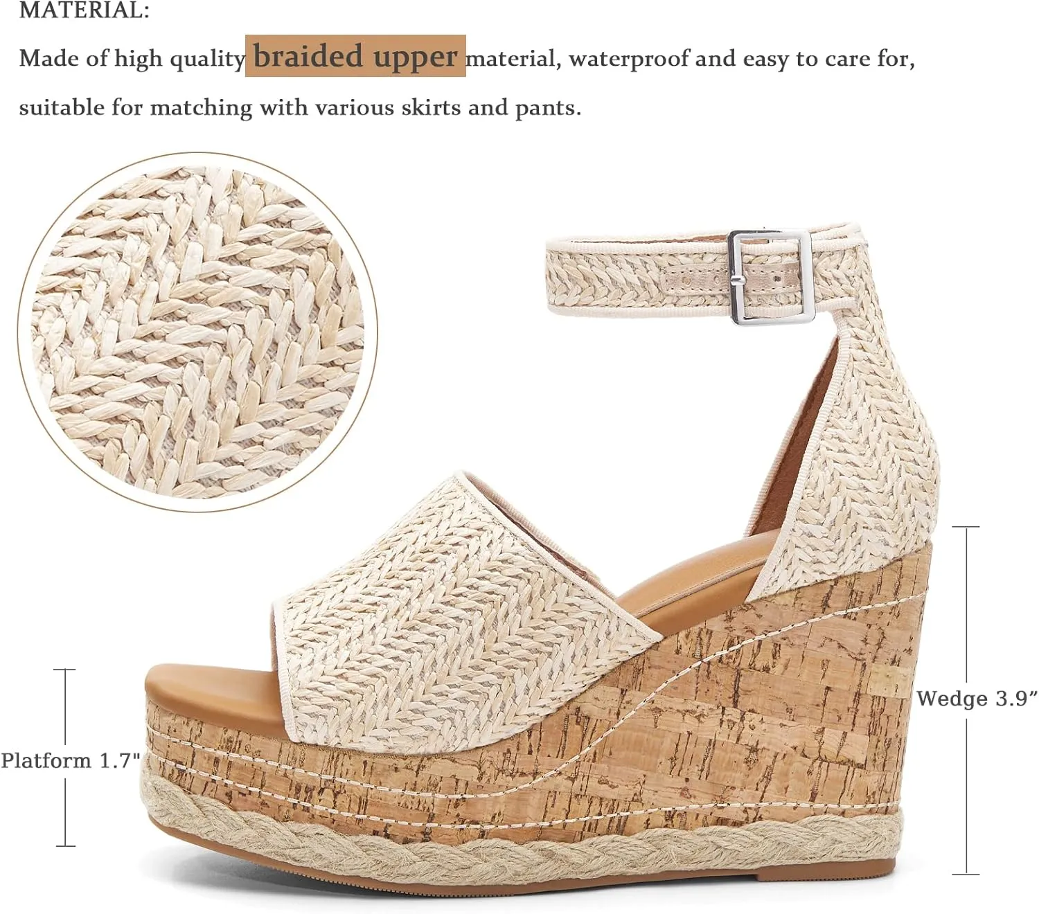 Women's Wedge Platform Espadrille Sandals Braided Open Square Toe Ankle Buckle Strappy Cork Sole Summer Shoes