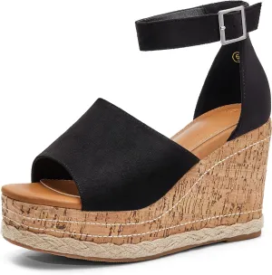 Women's Wedge Platform Espadrille Sandals Braided Open Square Toe Ankle Buckle Strappy Cork Sole Summer Shoes