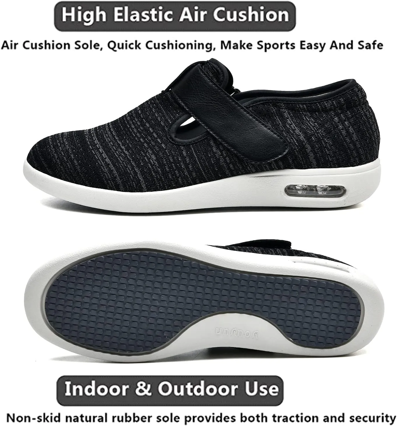 Womens Wide Width Diabetic Shoes with Adjustable Closure Lightweight Breathable for Diabetic Edema Plantar Fasciitis Bunions Arthritis Elderly Swollen Feet Black Gray