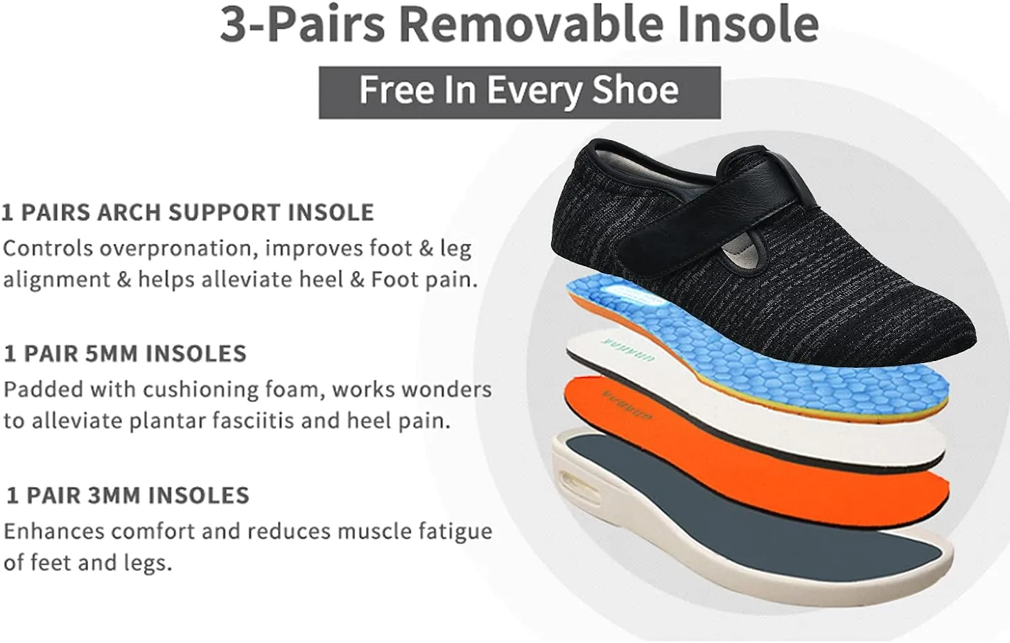Womens Wide Width Diabetic Shoes with Adjustable Closure Lightweight Breathable for Diabetic Edema Plantar Fasciitis Bunions Arthritis Elderly Swollen Feet Black Gray