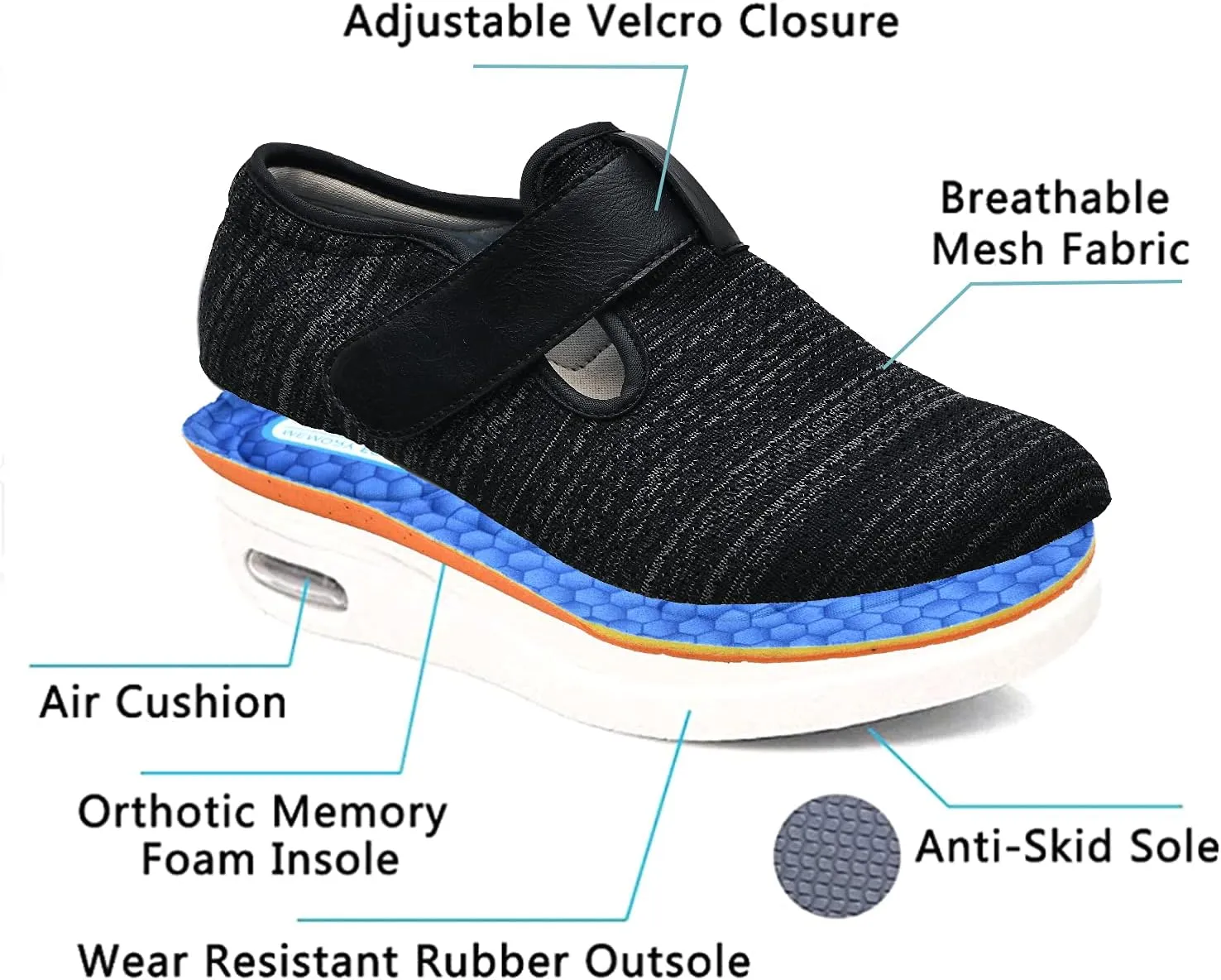 Womens Wide Width Diabetic Shoes with Adjustable Closure Lightweight Breathable for Diabetic Edema Plantar Fasciitis Bunions Arthritis Elderly Swollen Feet Black Gray