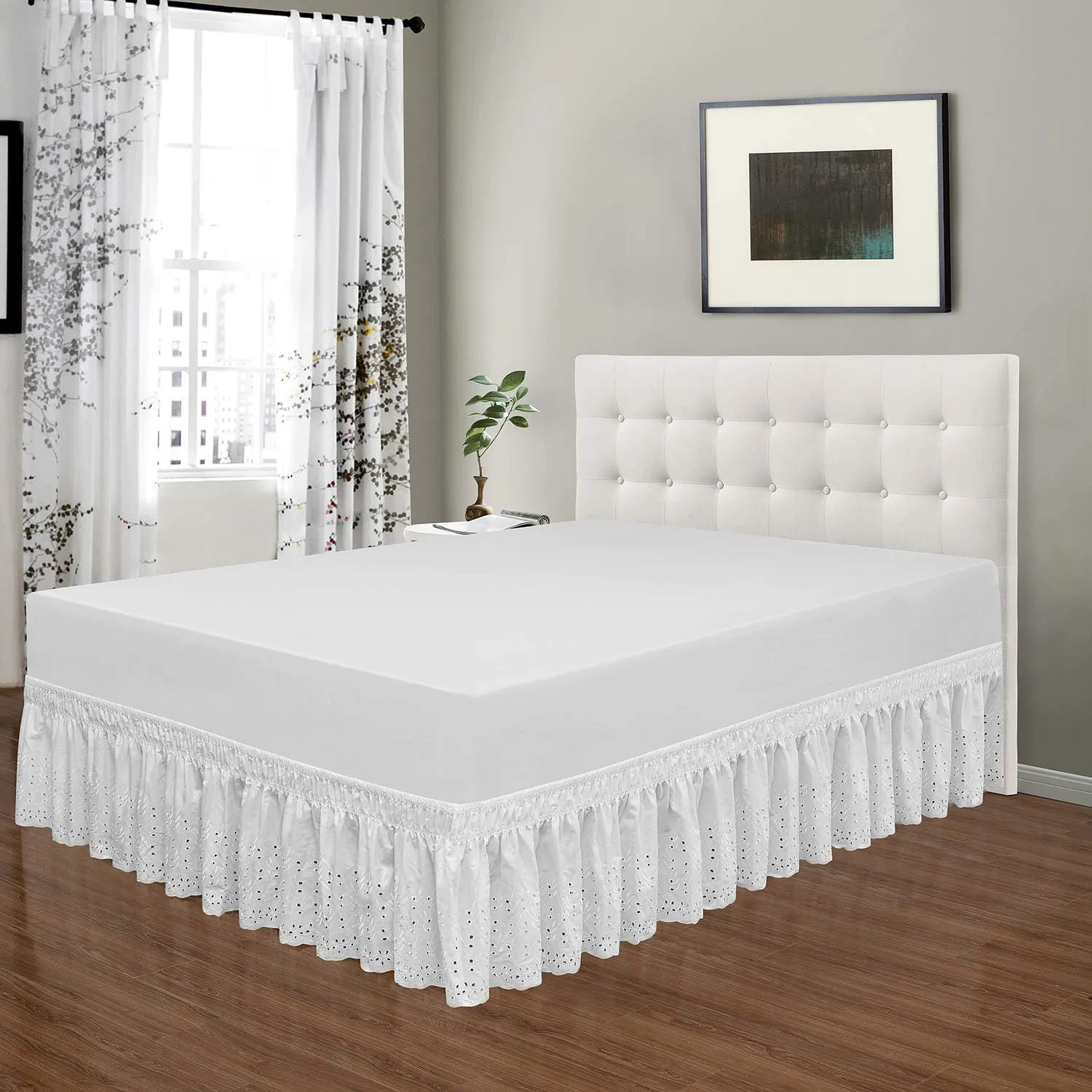 Wrap Around Elastic Eyelet Bed Skirts 14 1/2 Inches Drop Dust Ruffle Three Fabric Sides Easy On/Easy Off Adjustable Polyester Cotton(White Queen/King)