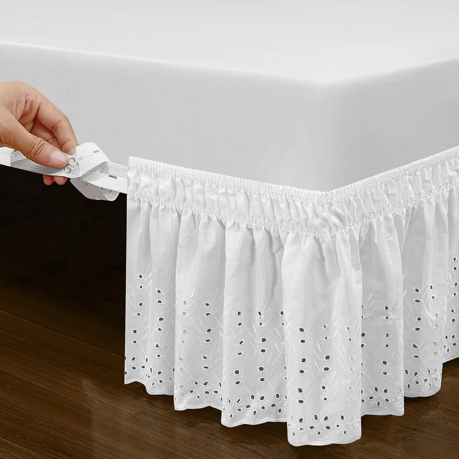 Wrap Around Elastic Eyelet Bed Skirts 14 1/2 Inches Drop Dust Ruffle Three Fabric Sides Easy On/Easy Off Adjustable Polyester Cotton(White Queen/King)