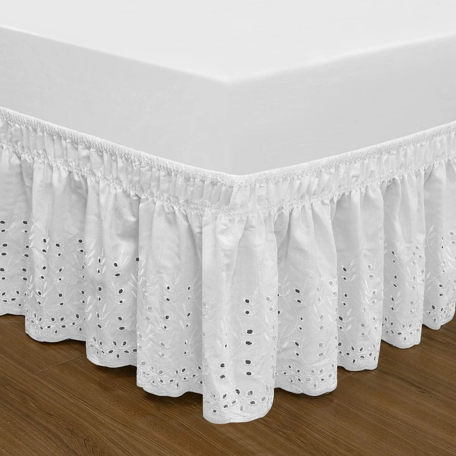 Wrap Around Elastic Eyelet Bed Skirts 14 1/2 Inches Drop Dust Ruffle Three Fabric Sides Easy On/Easy Off Adjustable Polyester Cotton(White Queen/King)