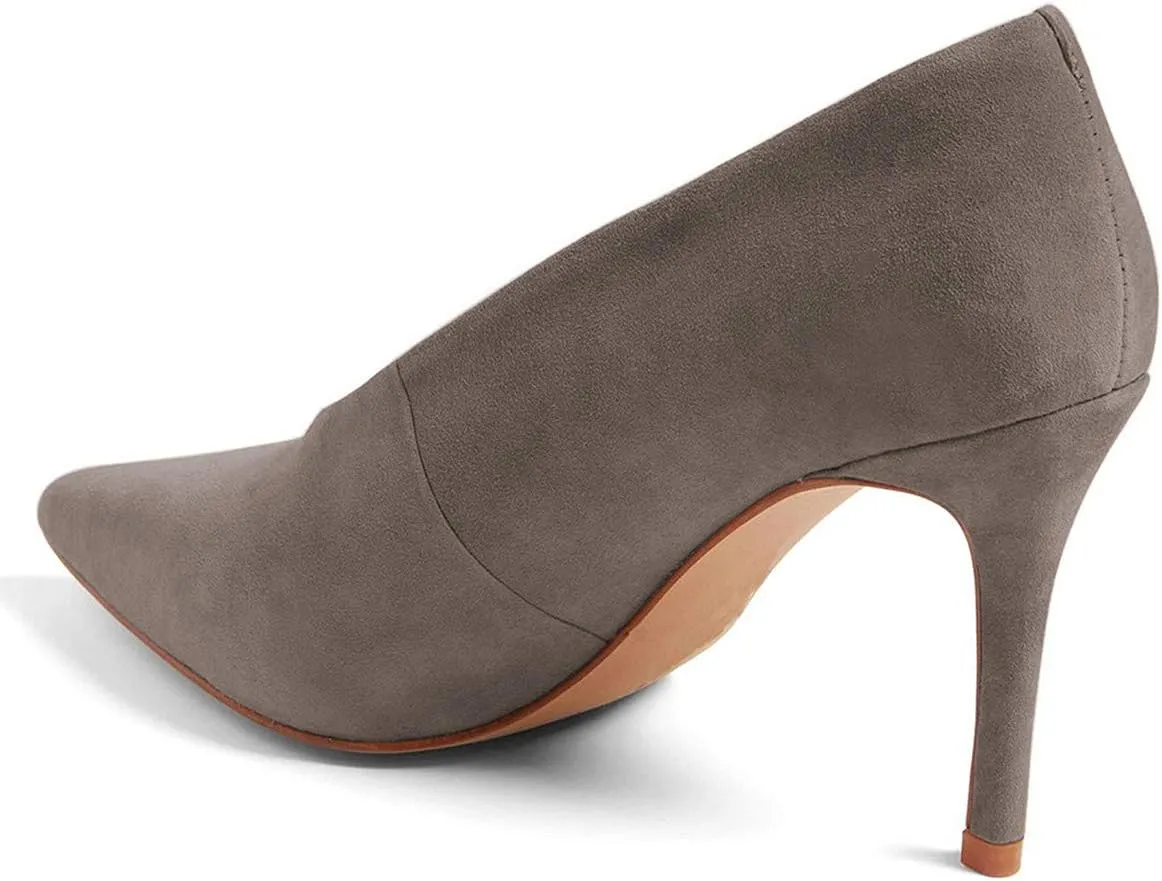 XYD Women's Fashion Suede High Heel Pumps Pointed Toe V Cut Slip On Dress Shoes