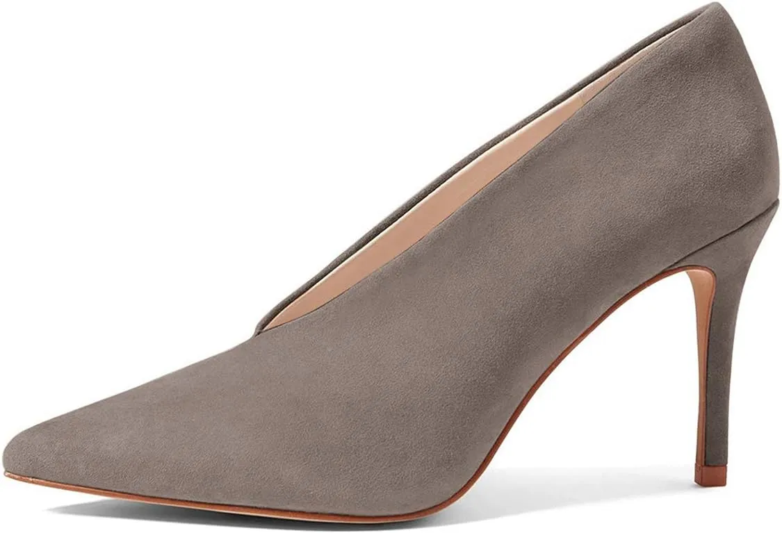 XYD Women's Fashion Suede High Heel Pumps Pointed Toe V Cut Slip On Dress Shoes