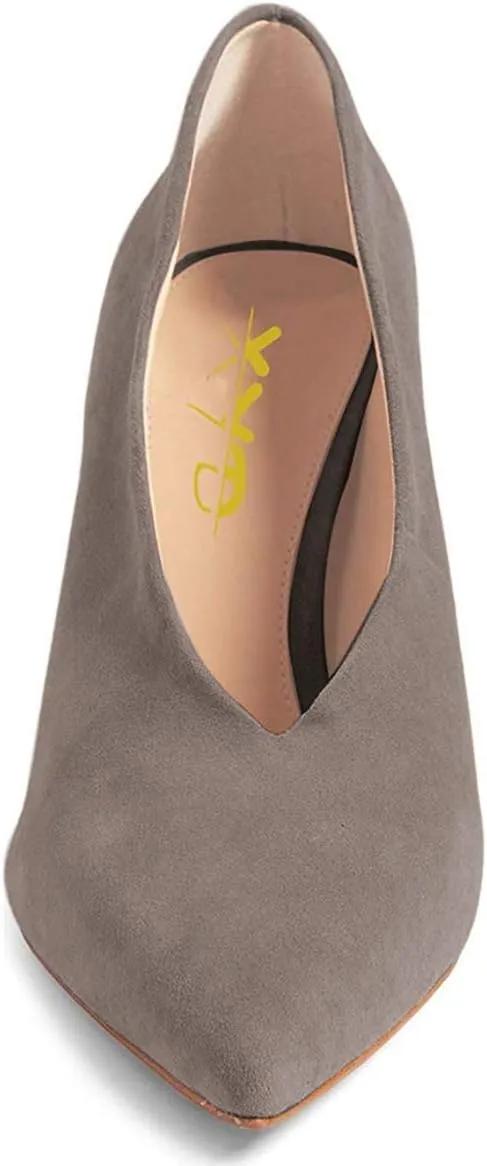 XYD Women's Fashion Suede High Heel Pumps Pointed Toe V Cut Slip On Dress Shoes