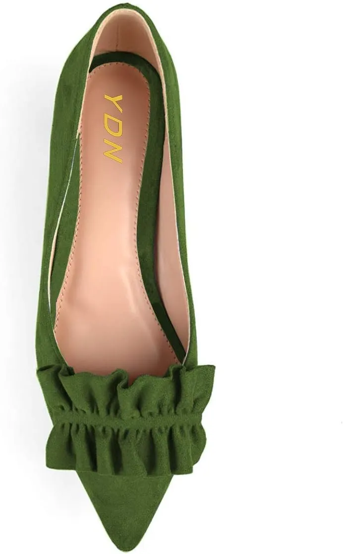 YDN Women Gorgeous Ruffled Kitten Heel Pumps Slip On Suede Pointed Toe Basic Office Court Shoes