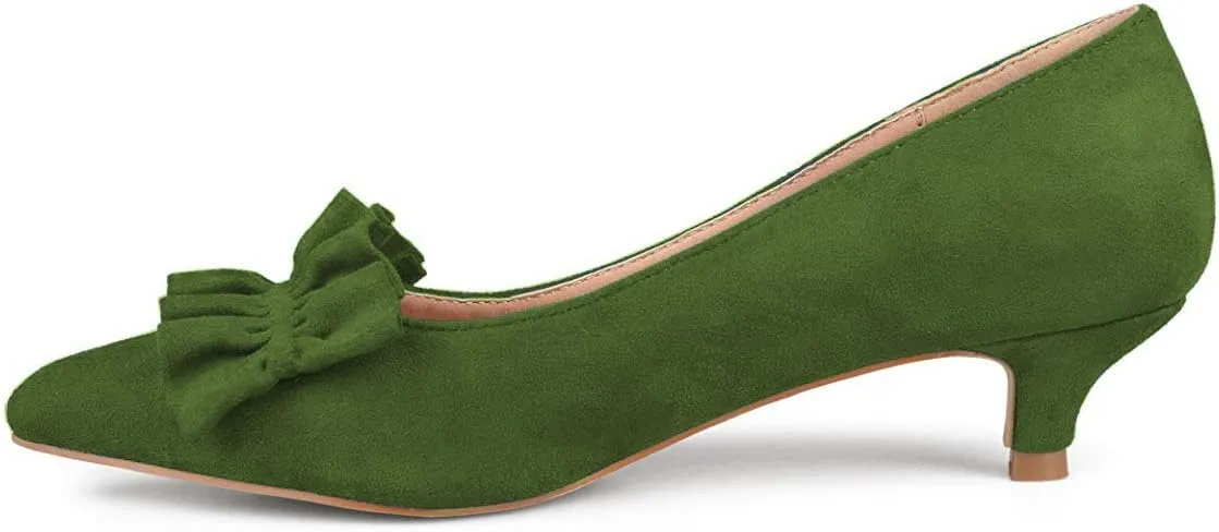 YDN Women Gorgeous Ruffled Kitten Heel Pumps Slip On Suede Pointed Toe Basic Office Court Shoes