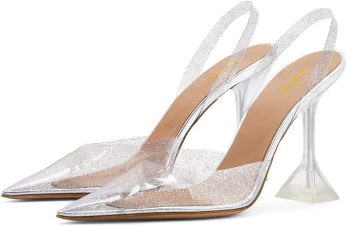 YDN Women Transparent Pumps Slingback Slip On Wineglass Slim High Heels Closed Pointed Toe Dress Shoes Dating Wedding Size 4-16 US
