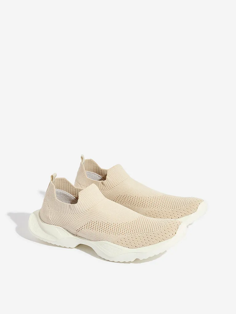 Yellow Beige Knit-Textured Slip-On Shoes