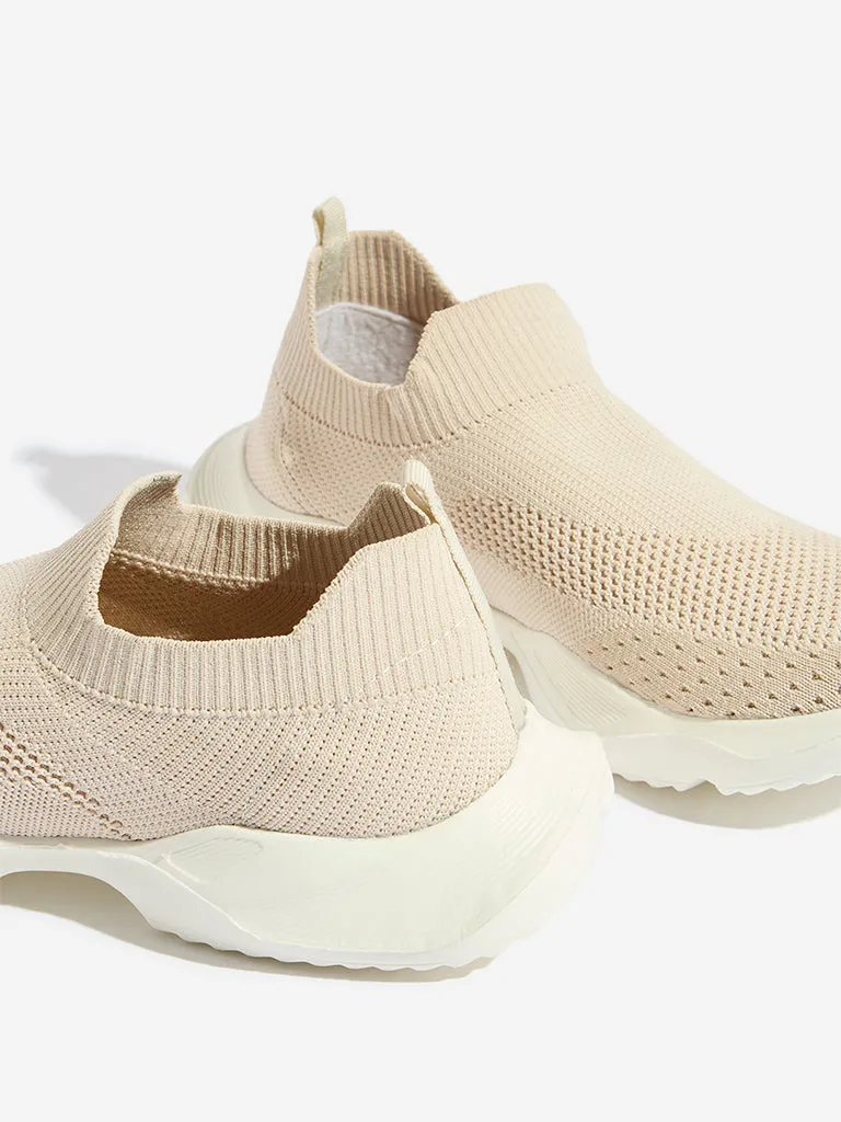 Yellow Beige Knit-Textured Slip-On Shoes